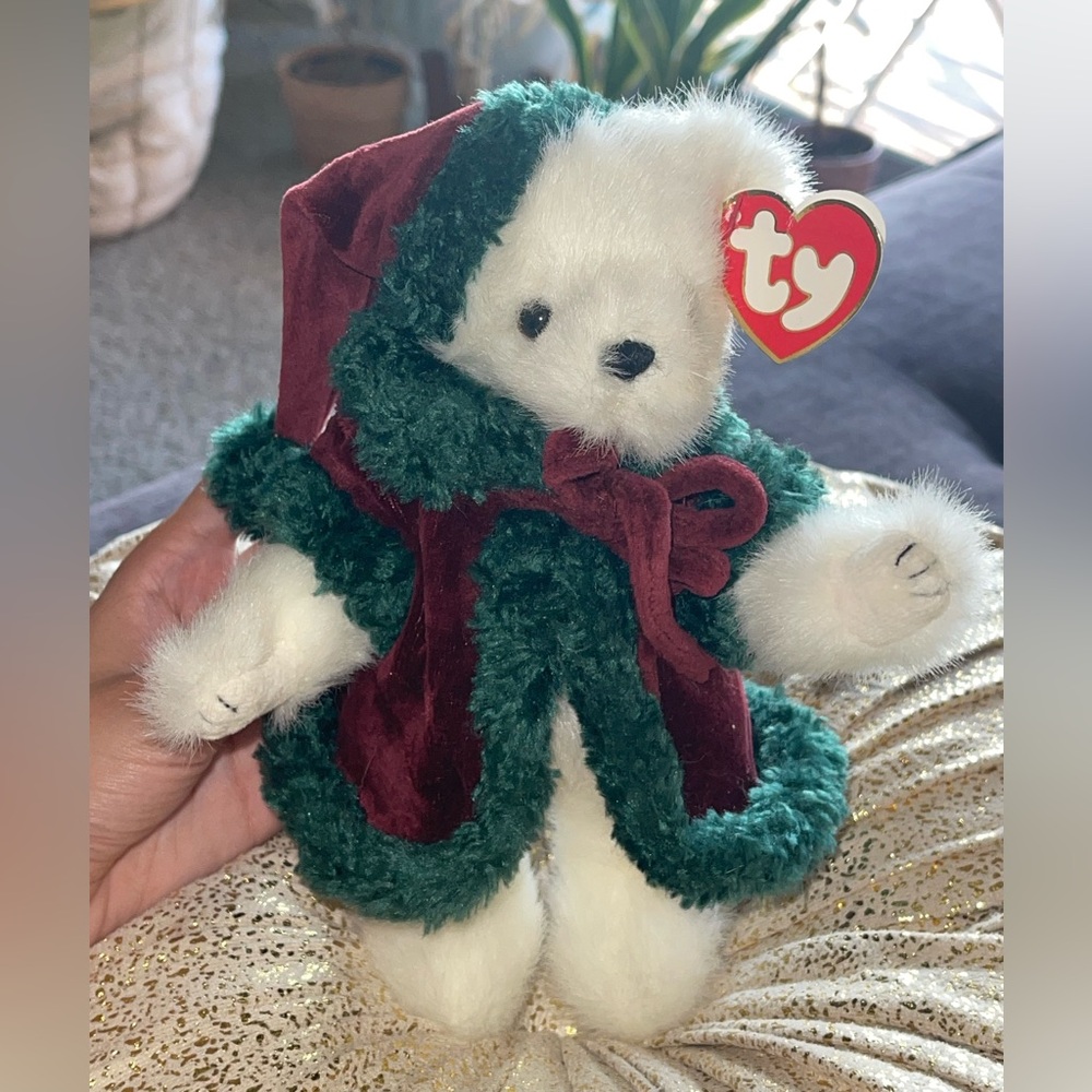 Ty “Klause” Jointed White Xmas Bear w Red & Green Attire